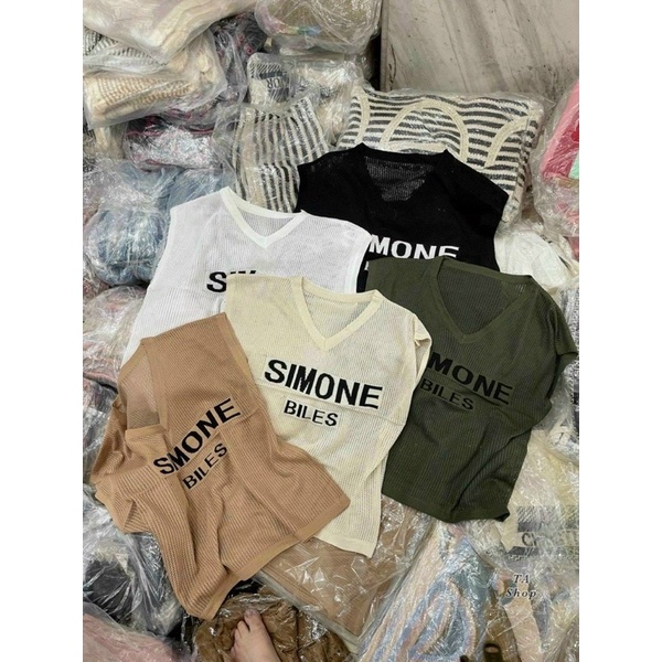 Áo len lưới chữ Simone cổ tim trơn, len lưới mỏng mềm mát dáng tay hến