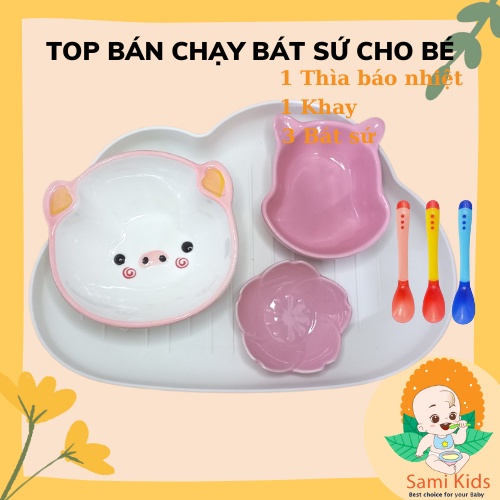 Set bát sứ ăn dặm kèm khay và thìa cho bé, tô chén gốm sứ ăn cơm cho trẻ em SAMI KIDS