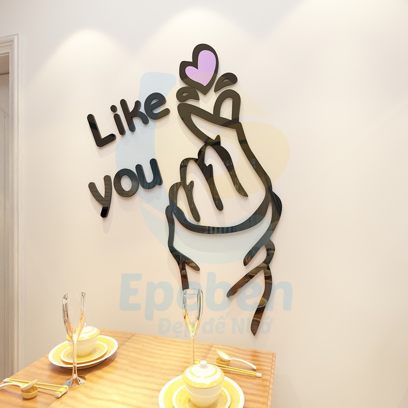 Tranh dán tường mica 3d decor khổ lớn thả tim like you trang trí quán ăn, nhà hàng, phòng ngủ, nail, cafe