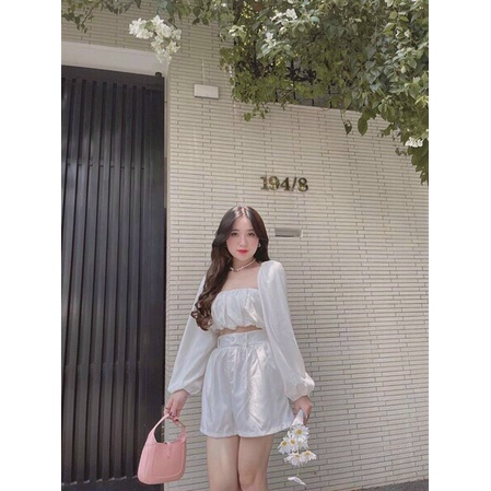 [Sale 9.9 free ship mẫu mới] Set bộ 2 món siêu đẹp với áo kiểu nữ croptop dài tay kèm quần short nữ lưng cao cá tính
