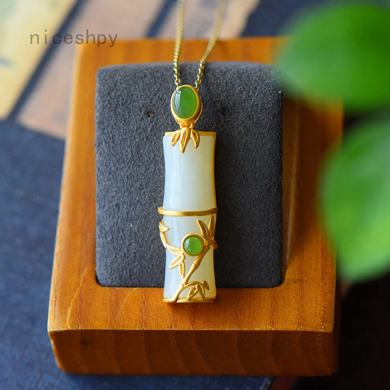 Dây Chuyền Mặt Hình Cây Tre Đá Ngọc Bích Tự Nhiên Thời Trang