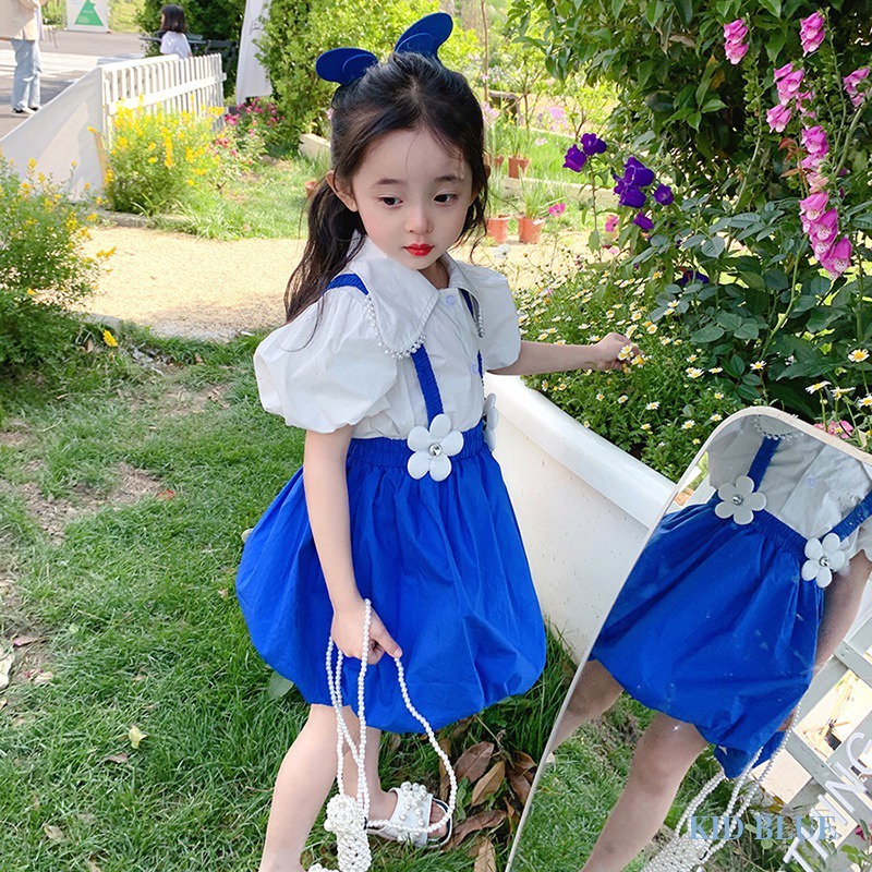 Bộ Áo Sơ Mi Phối Chân Váy Yếm Màu Xanh Dương Thời Trang Mùa Hè Xinh Xắn Cho Bé Gái
