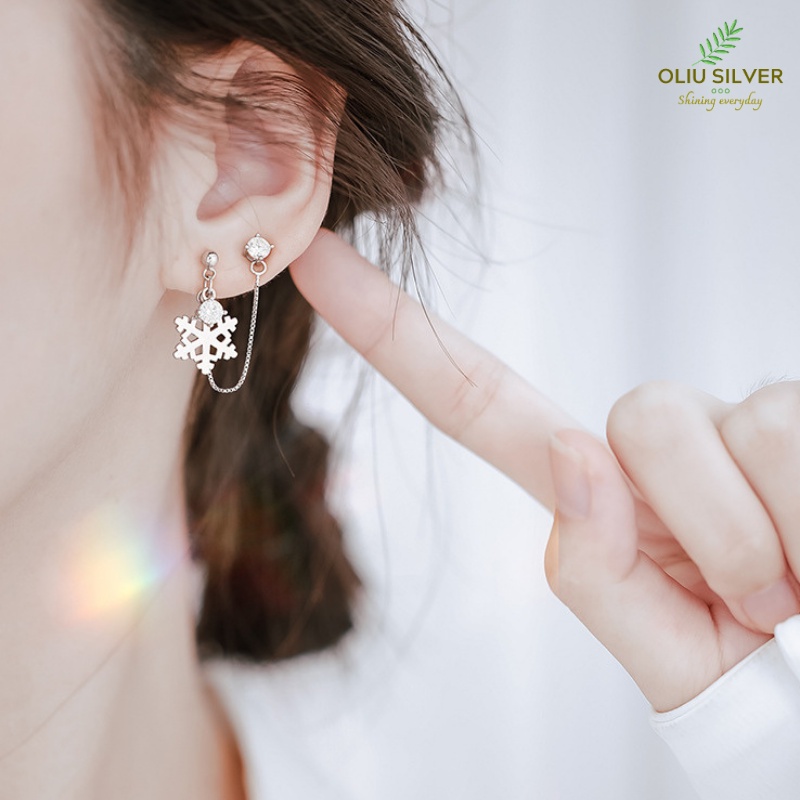 Bông Tai Bạc S925 Hoa Tuyết Hai Lỗ Xỏ Đính Đá Zircon Trẻ Trung Cá Tính | Khuyên Tai Nữ Trang Sức Bạc Thời Trang