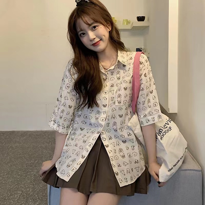 SUXI Áo Sơ Mi Tay Ngắn Dáng Rộng Phong Cách Vintage Dễ Phối Đồ Thời Trang Mùa Hè Cho Nữ