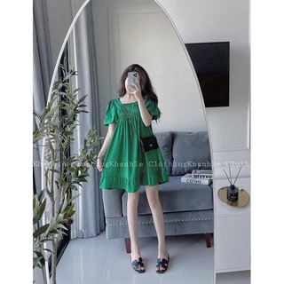 Đầm babydoll cổ vuông tay bồng xếp ly nhúng ngực dáng váy xòe