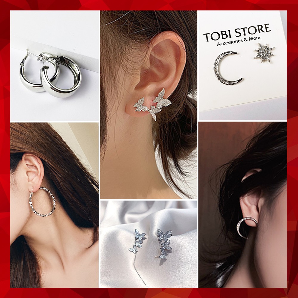 Bông tai nữ mạ bạc TOBI STORE khuyên tai cá tính nhiều kiểu dáng đính đá cute ngầu tròn, dài, nụ