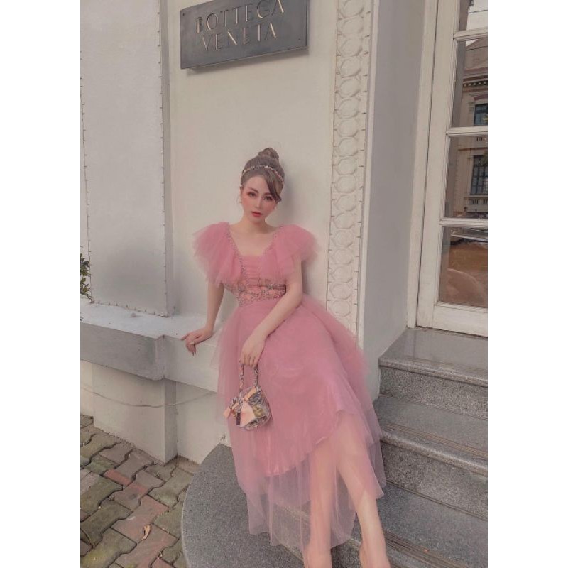 Đầm dư tiêc bèo vai tiểu thư tần maxxi kèm ảnh thât