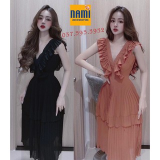 Đầm maxi dập ly cổ v viền bèo xinh hết nấc - qanu008