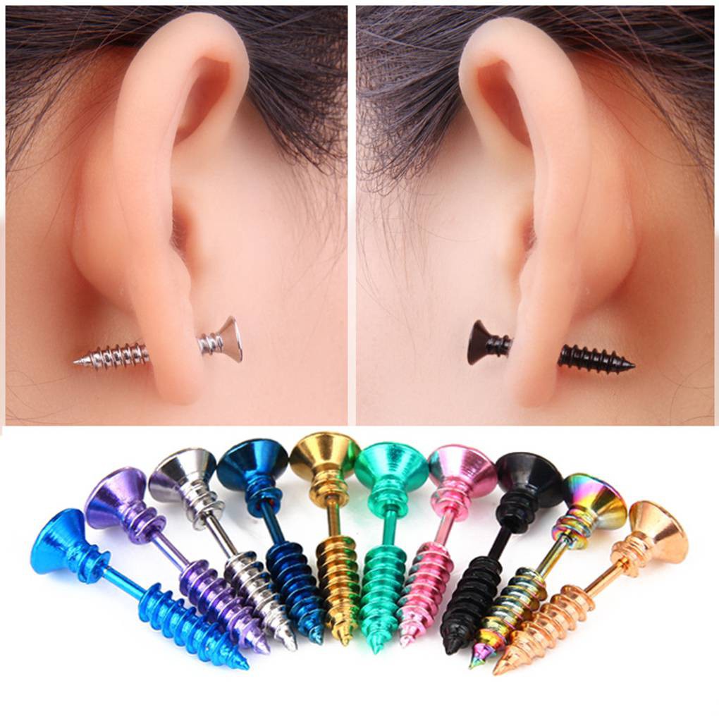 1 Chiếc Khuyên tai Unisex dạng đinh ốc Xuyên Qua Lỗ Tai bằng thép không gỉ nhiều màu sắc Đen Trắng Bạc
