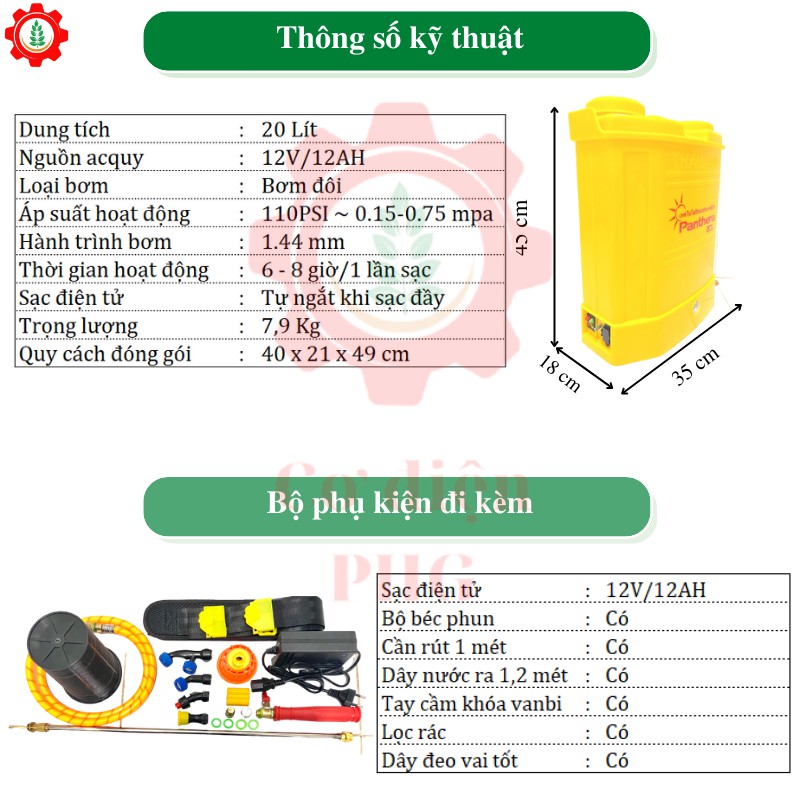 Bình xịt thuốc khử khuẩn Panthera 20L 12V 8AH | 1 bơm | Công nghệ Thái Lan | Bình phun thuốc | Bình xịt điện