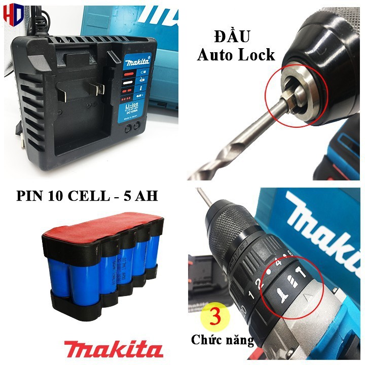 Máy Khoan Pin Makita 128V Không Chổi Than-3 Chức Năng Có Búa-Đầu 13mm Autolock-Pin 10 Cell