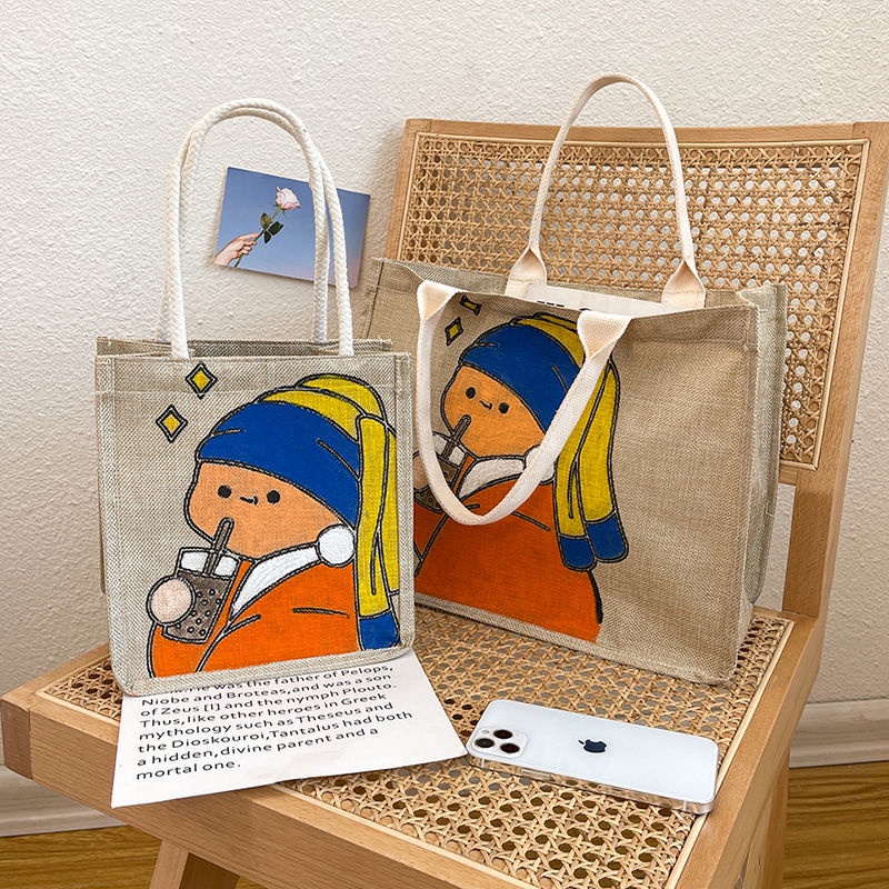 Túi tote canvas vẽ graffiti thủ công 2022 Túi tote vải lanh Túi mua sắm