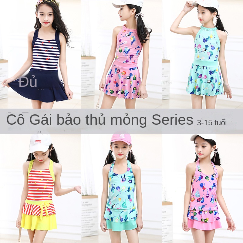 ∋Áo tắm cho bé gái mới lớn Phiên bản Hàn Quốc của váy xẻ tà phong cách võ sĩ bảo thủ áo tắm một mảnh phù hợp với đồ bơi