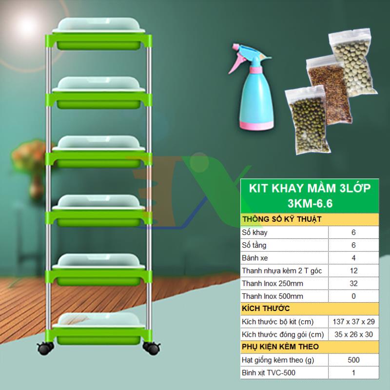 Bộ kit Khay trồng rau mầm thủy canh 3 lớp 3KM-6.6, Gồm Khay, Giá đỡ, Bình xịt, Hạt giống