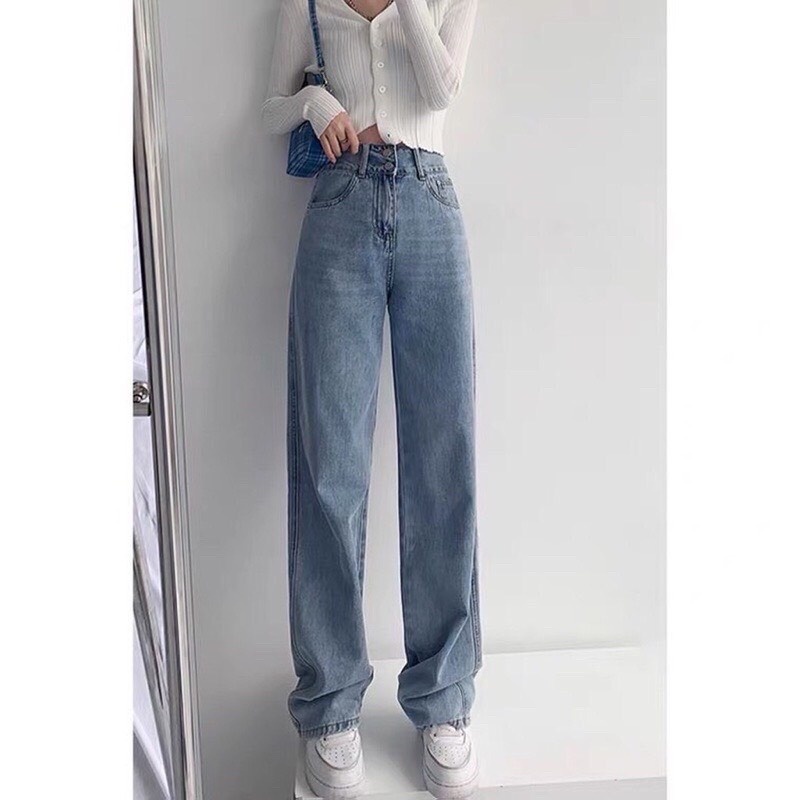 Quần Bò Nữ Ống Suông Cạp Cao Tôn Dáng,Quần Jeans Nữ Basic 2 Màu Đen Xanh Phong Cách