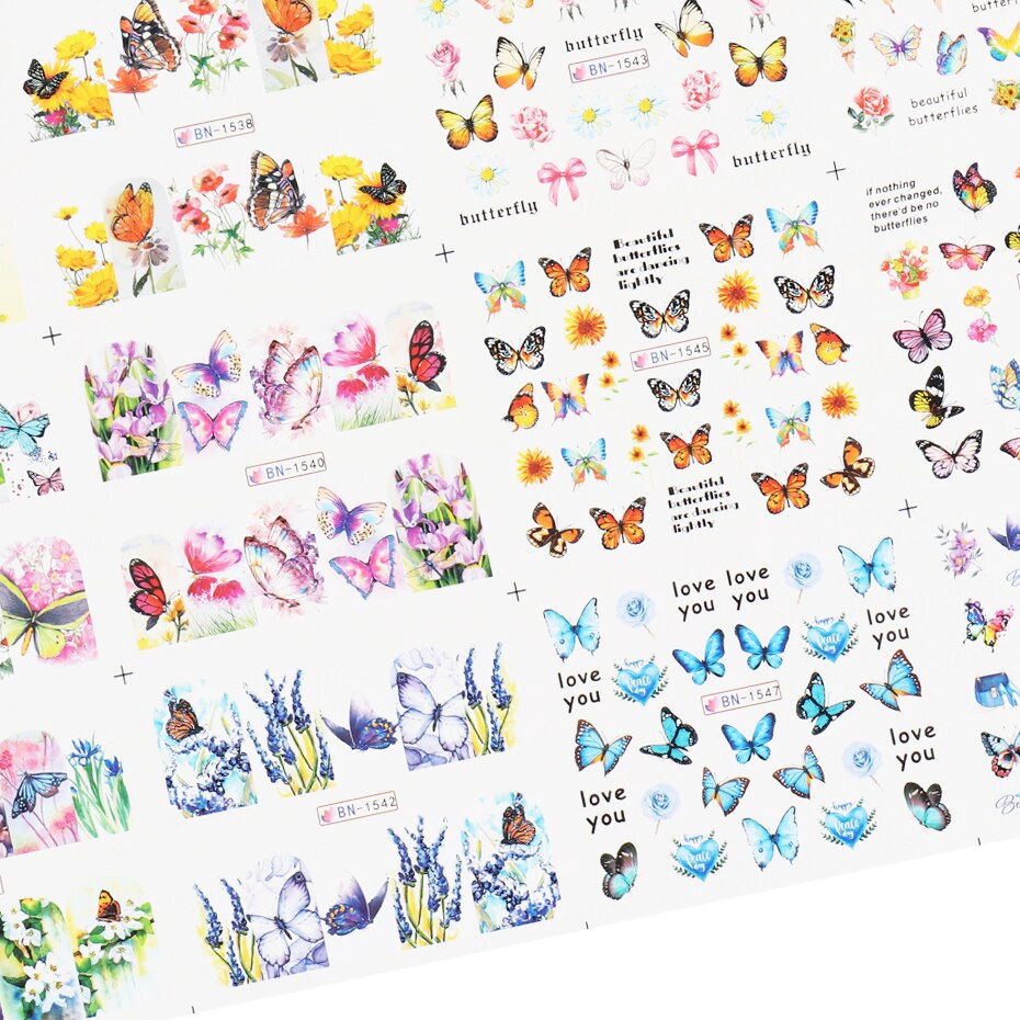 Bộ 12 miếng dán hình BN1537-1548 trang trí móng hình cánh bướm đẹp mắt 16x25.5cm