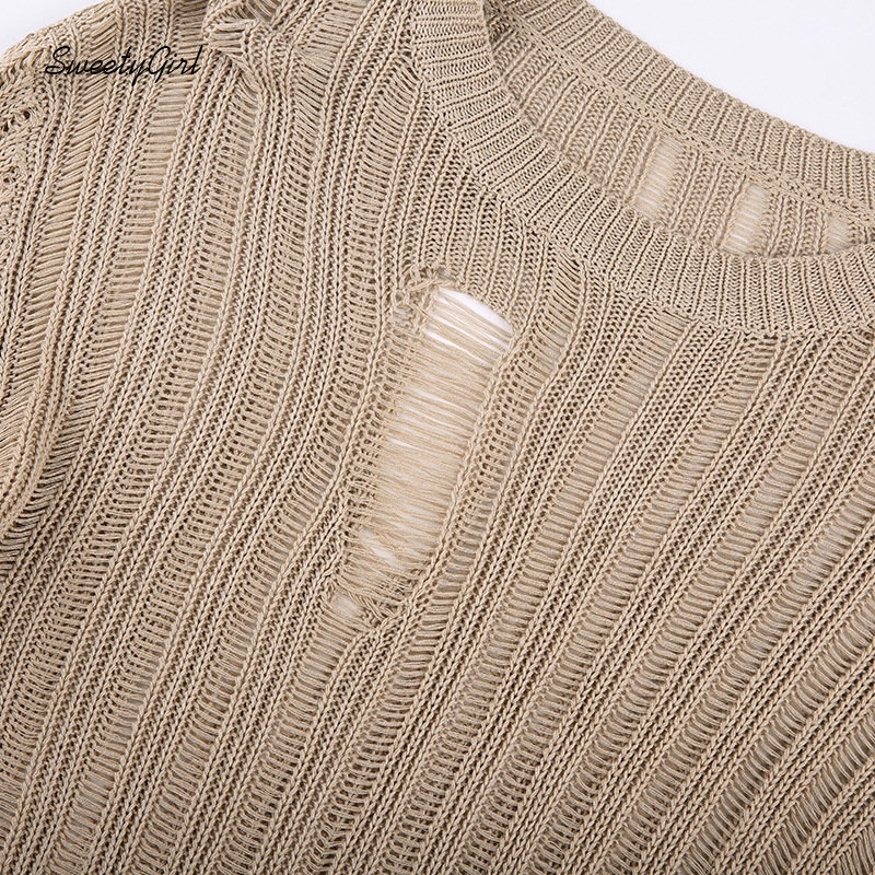 MsMona SweetyGirl Women's 2022 Fashion Solid Color Brown Round Neck Long Sleeve Knit Hollow Out Asymmetric Slim Fit Sexy All Match Casual Sweaters