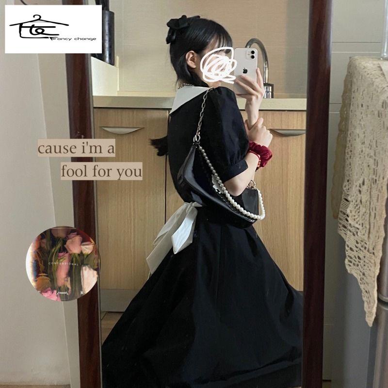 Hàng Có Sẵn Bán Chạy~Đầm Tay Phồng Dài Ôm Eo Màu Đen Kiểu Hàn Quốc Thời Trang Mùa Hè Cho Nữ