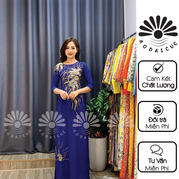 Áo dài mẹ -bà sui ,màu xanh cô ban, thêu tay thủ công, đính hạt pha lê cao cấp - M05