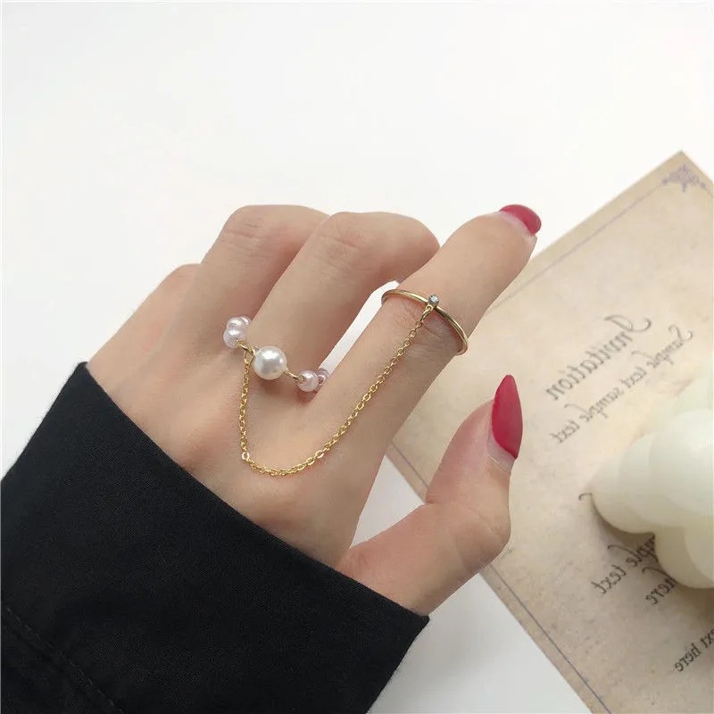 Nhẫn Tích Hợp Dây Xích Đính Ngọc Trai Dễ Thương Phong Cách Hàn Quốc
