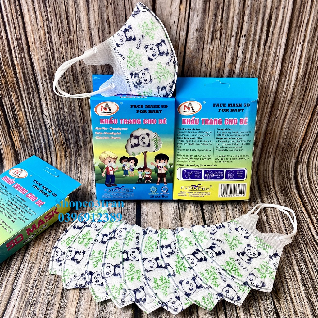 Khẩu trang cho bé FAMAPRO 5D KIDS IN HÌNH DỄ THƯƠNG Đoremon / Kitty / Gấu Trúc / Kì Lân / Vịt Donald hộp 10 cái