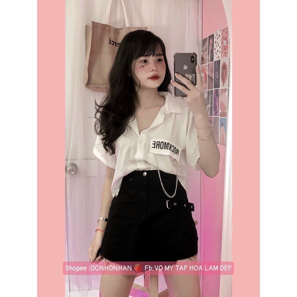 Áo sơ mi , áo croptop in chữ bên túi phối dây xích cực hot , chất kate lụa mềm mịn mát