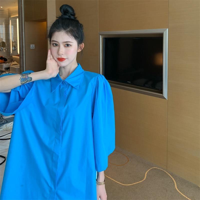 Áo Sơ Mi Ngắn Rộng Tay Phồng Màu Trơn Phong Cách Mới Mùa Hè 2023 Dễ Phối Đồ Dành Cho Bạn Nữ