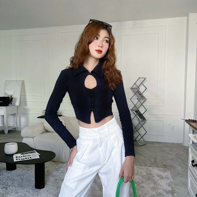 Áo croptop nữ body dài tay TOPTIFY cổ sơ mi khoét giọt nước Daisy Club Top AC06
