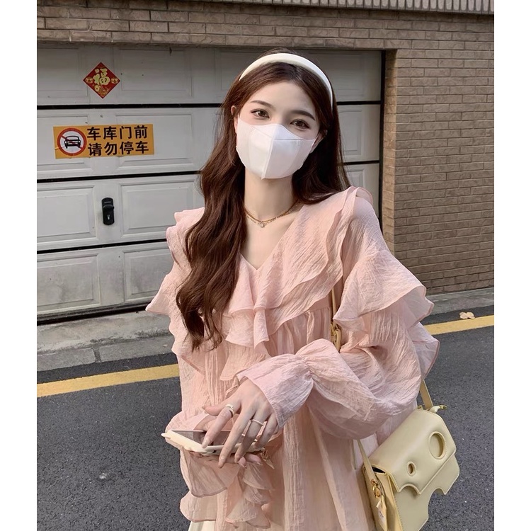 Áo sơ mi kiểu tay phồng ALENA Fashion áo kiểu cổ v phong cách Hàn Quốc tiểu thư bánh bèo màu hồng