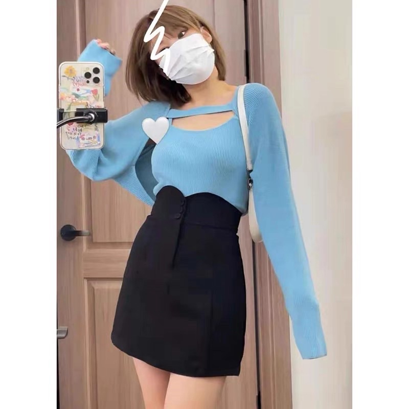 Sét khoác len dài tay chân váy cạp cao che khuyết điểm 6sstore