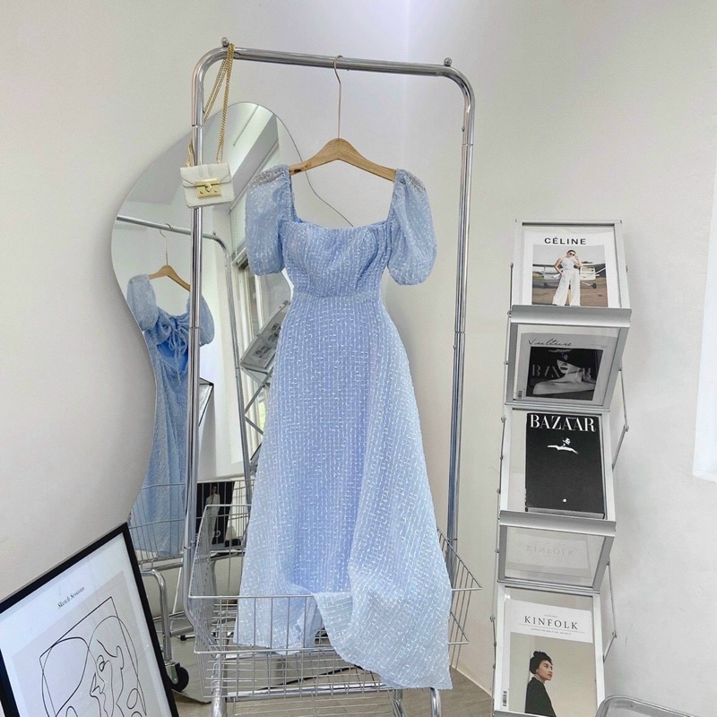 ĐẦM MIDI XANH REN BI CUTOUT KHOEN LƯNG