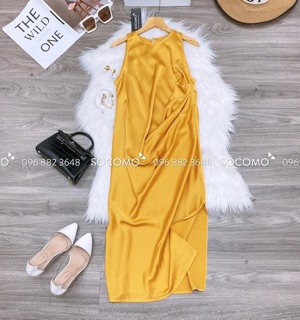 Váy lụa xẻ tà nhúm lệch vạt