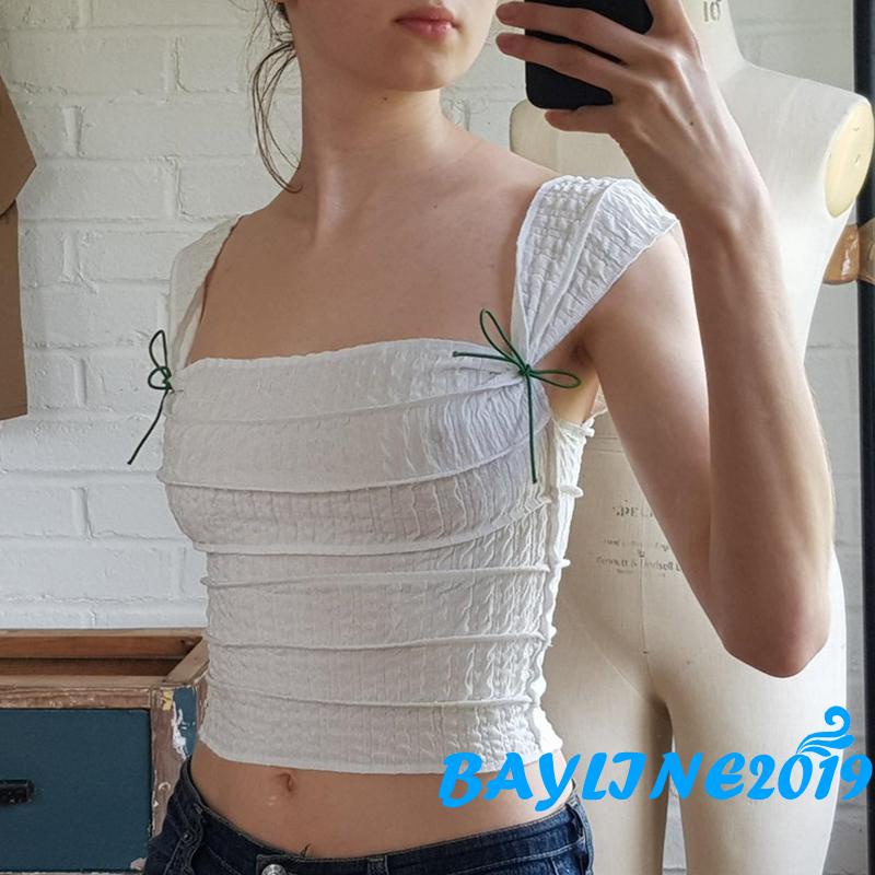 Áo Lửng Sát Nách Cổ Vuông Màu Trơn Buộc Dây Thời Trang Cho Nữ