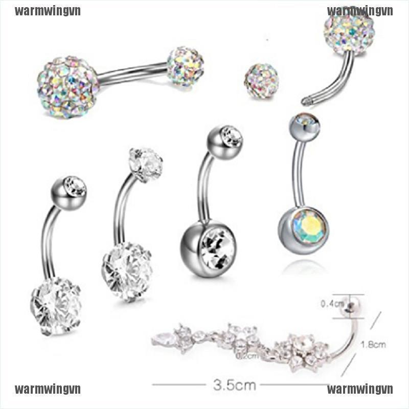 Set 7 Khuyên Rốn Thép Không Rỉ Đính Đá Pha Lê