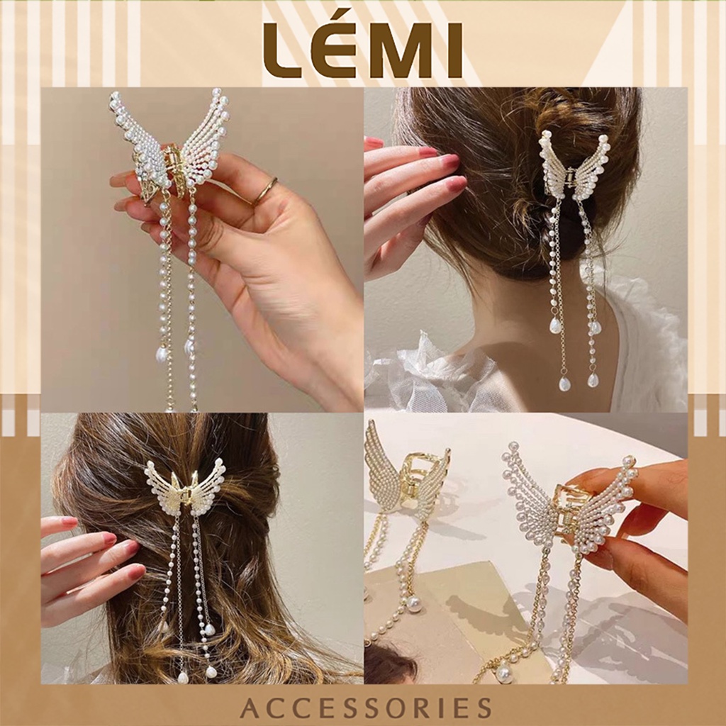 Kẹp tóc càng cua cánh thiên thần ngọc trai nhân tạo có tua dua sang chảnh kẹp tóc công chúa Lémi accessories