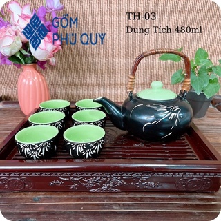 Bộ Ấm Chén Uống Trà ⚱ Gốm Sứ Bát Tràng ⚱ Ấm Trà Xanh Lá Trúc Men Hoả Biến Gomphuquy Th03