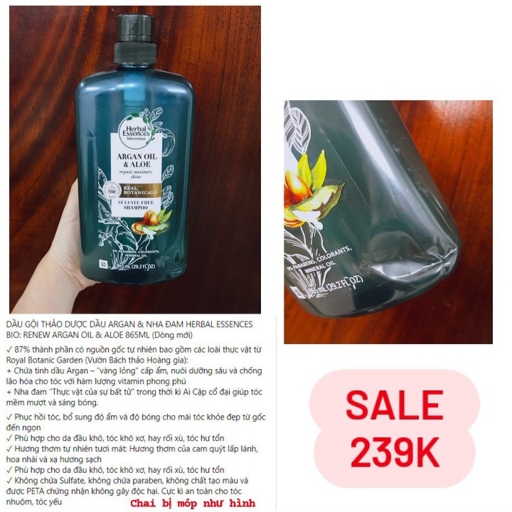 DẦU GỘI THẢO DƯỢC DẦU ARGAN & NHA ĐAM HERBAL ESSENCES BIO: RENEW ARGAN OIL & ALOE 865ML (Dòng mới)