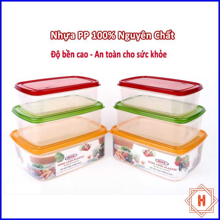 Bộ 3 Hộp Trữ Đông - Hộp Nhựa Đựng Thực Phẩm SONG LONG Nắp Nhiều Màu Sắc