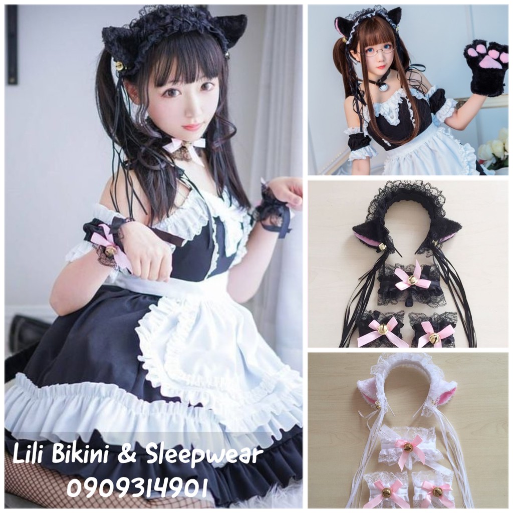 Bộ cosplay mèo Neko đen trắng bờm tóc, băng đô ren, găng tay mèo, vòng tay, nơ cổ mèo cosplay hóa trang Halloween