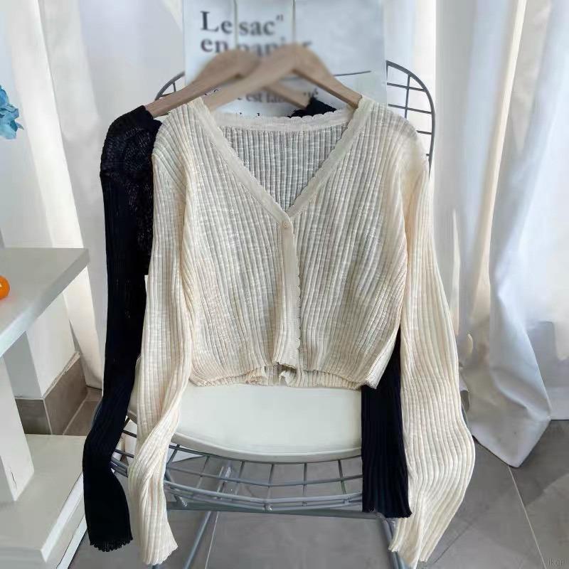 Áo khoác cardigan ngắn cổ chữ V bằng lụa mát thời trang mùa hè cho nữ