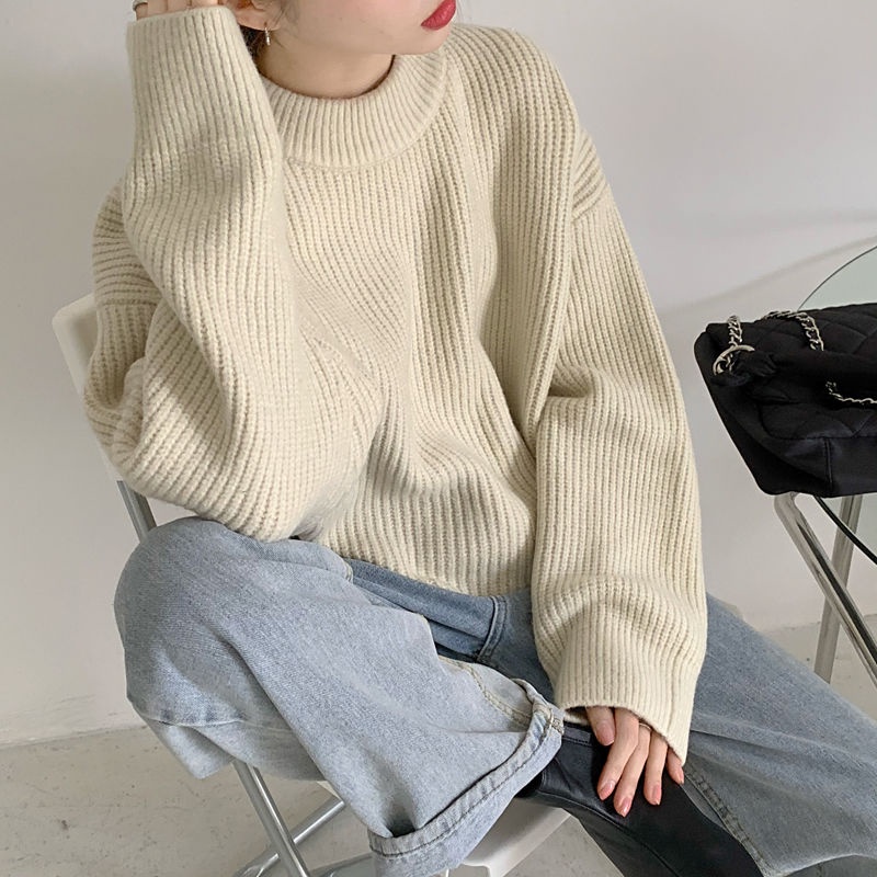 Áo sweater cổ tròn dáng rộng màu trơn mềm mại phong cách Hàn Quốc cho nữ