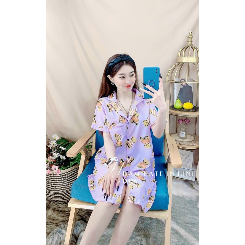 Váy Đầm Nữ-Đầm nữ kiểu dáng sơ mi vải LỤA HÀN in hình gấu siêu xinh Freesize dưới 58kg