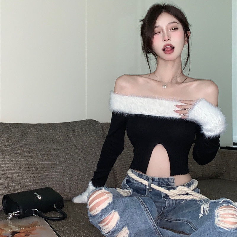 Áo Dệt Kim Tay Dài Trễ Vai Thiết Kế Xẻ Quyến Rũ