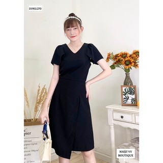 Đầm Công Sở NHẬT VY Cổ Tim Tay Cánh Tiên Chiết Eo Màu Đen, Nude, Cam - D1953