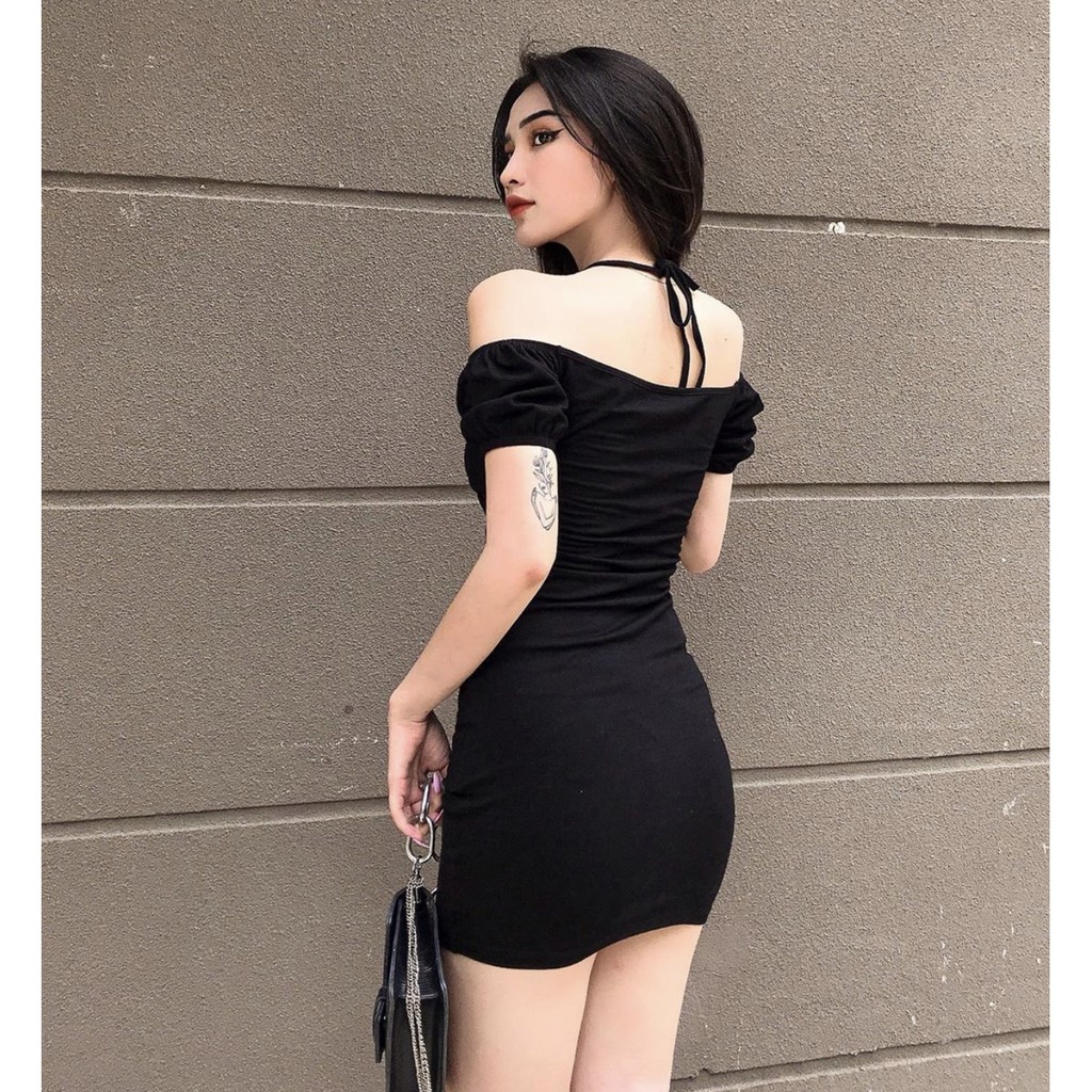 [Mã SKAMA06 giảm 8% tối đa 50K đơn 250K] Đầm Body Thun Gân Cổ Yếm Trễ Vai Kèm Bra Dán- MANDY DRESS | BigBuy360 - bigbuy360.vn