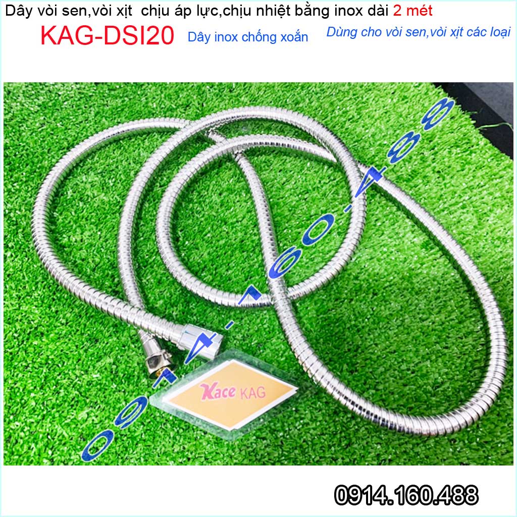 Dây sen dài 2m KAG-DSI20, dây vòi tắm máy nước nóng- dây vòi xịt vệ sinh 2000mm, dây sen chống xoắn màu inox sử dụng tốt