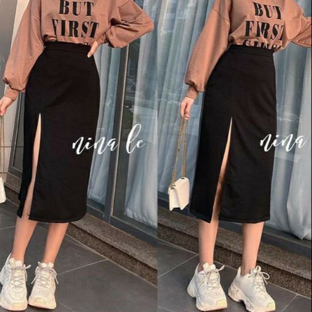Chân váy xẻ tà lưng cao thun gân co giãn. | BigBuy360 - bigbuy360.vn