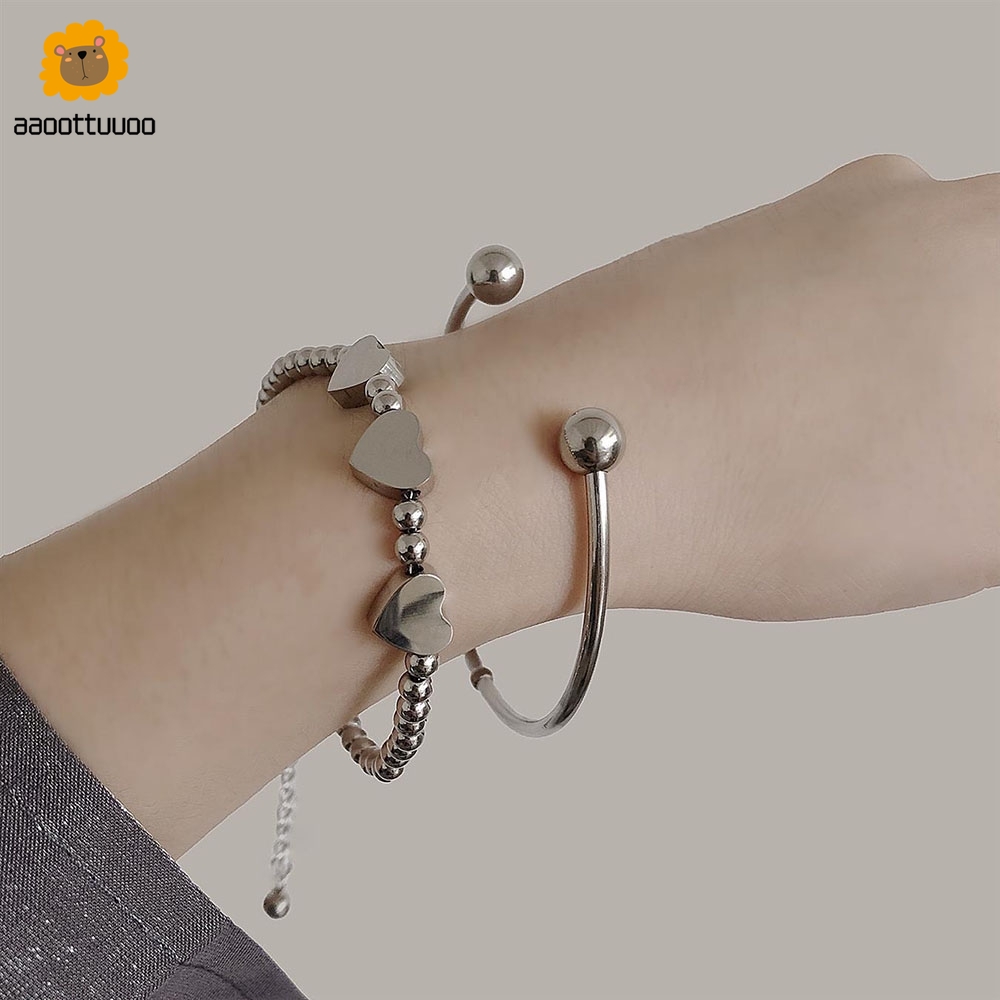 Bộ 2 vòng tay trang trí hình trái tim đơn giản thiết kế điều chỉnh được bằng kim loại dành cho các cặp đôi