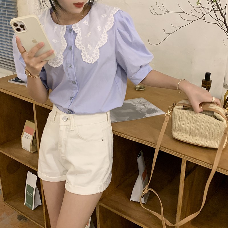 Áo Blouse Pháp Cổ Ren Búp Bê Ngắn Tay Phong Cách Hàn Quốc