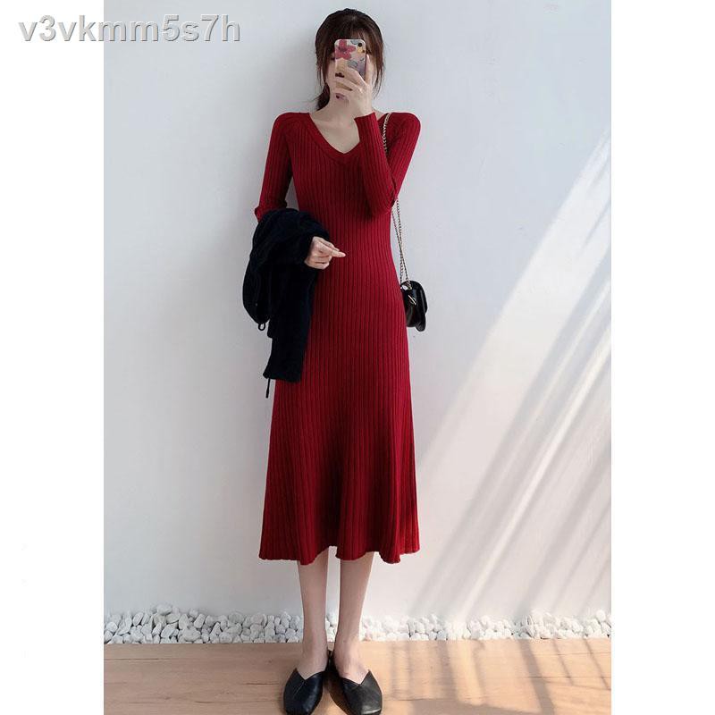 Knitted dress spring and autumn 2021 new temperament waist slimming long-sleeved bottoming skirt over the knee long fema | BigBuy360 - bigbuy360.vn